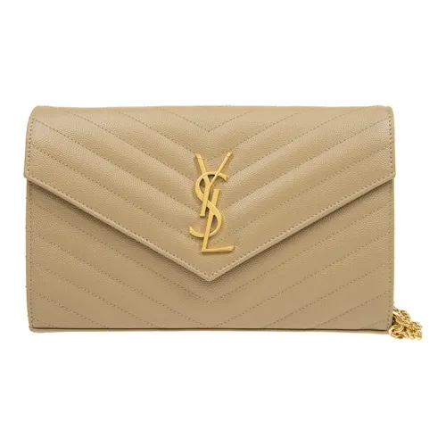 SAINT LAURENT Монограмма Коровья кожа Кожа Цепочка Кошелек Сумка через плечо Женская Светло-коричневый Бежевый