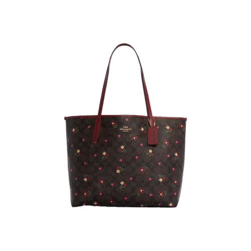 COACH City Canvas Кожаная вставка Tote Сумка Сумка для покупок Сумка через плечо Женская Коричневый и Бургунди