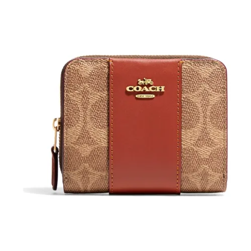 COACH Покрытый холст телячья кожа держатель для карт кошелек женский латунь коричневый ржавый