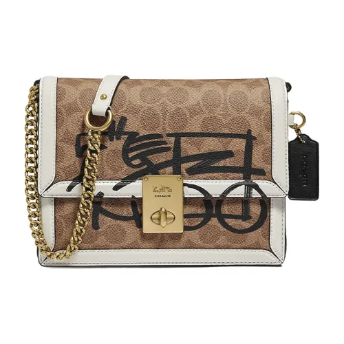 COACH ПВХ Маленькая Квадратная Сумка Сумка с Цепочкой Сумка через плечо Сумка на плечо Женская Белая Коричневая Многоцветная