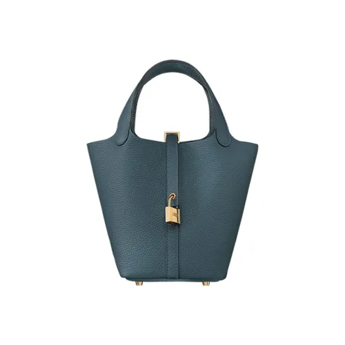 HERMES Picotin Lock Clemence Bullock Кожа Корзина Сумка Ведрообразная Сумка Сумка 18 Женская Y7 BLEU Orage Hurricane Синий