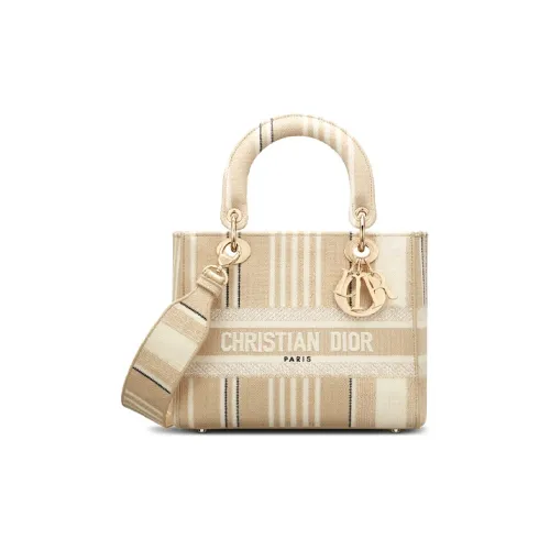 DIOR Lady Dior Полосы Вышивка Одно плечо Сумка Средний Женские Бежевый
