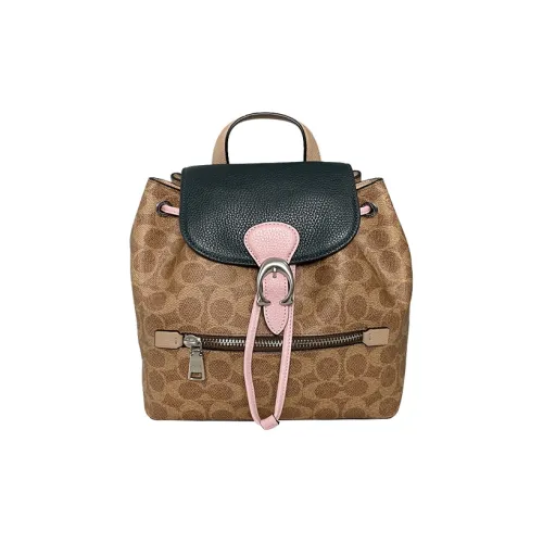 COACH Evie Canvas Leather Backpack Women's Khaki Brown Pink COACH Evie Холст Кожа Рюкзак Женский Хаки Коричневый и Розовый
