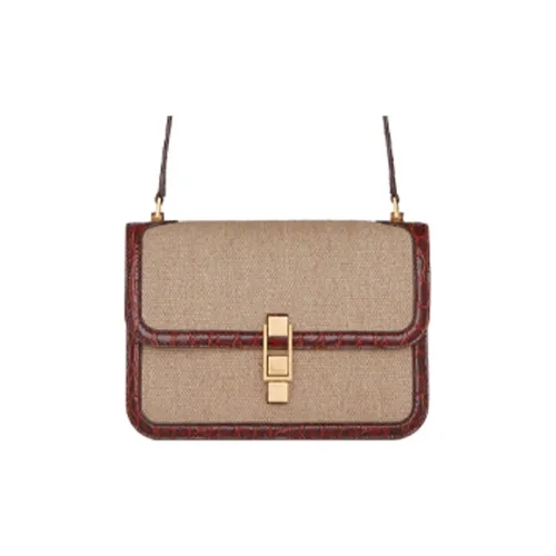 SAINT LAURENT Le Carre Лён Цвет холста с узором крокодила Тисненая кожа Сумка через плечо Женская Бежевый Темно-красный