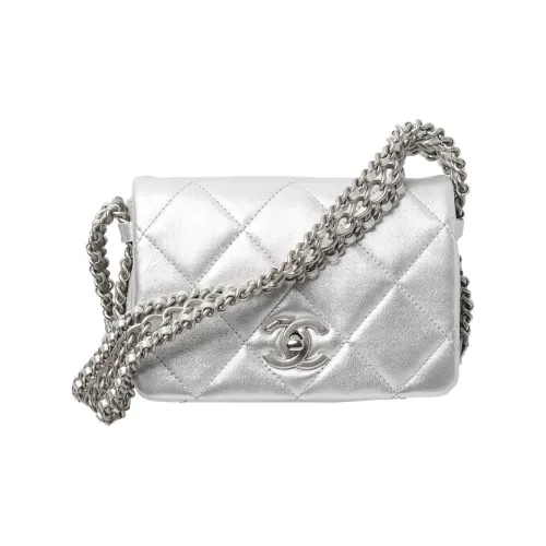 CHANEL Lambskin Flap Bag Crossbody Mini Women's Silver