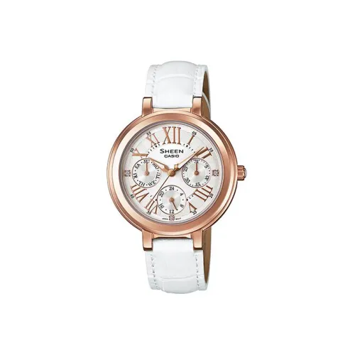 CASIO Sheen Collection Кварцевый механизм Кожаный ремешок Часы Женские Белый циферблат SHE 3034GL 7A