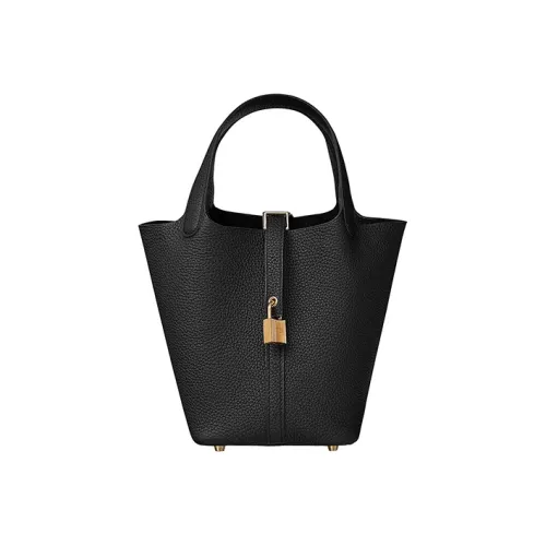 HERMES Picotin Lock Clemence Bullock Кожа Корзина Сумка Ведрообразная Сумка Женская Черная