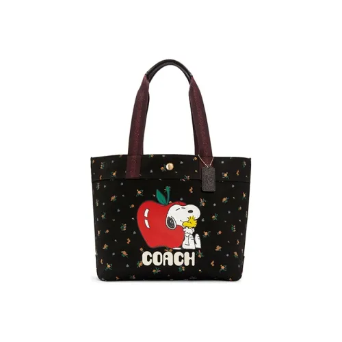 COACH X PEANUTS Холст с кожей Портативный Тоут Сумка Сумка для покупок Тоут Сумка Сумка на плечо Женская Черная