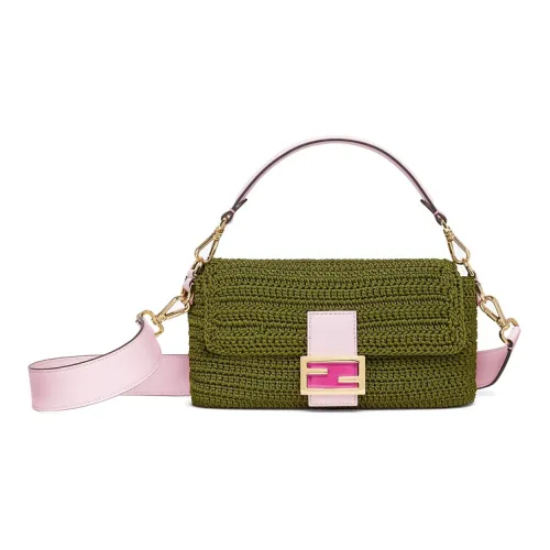 FENDI Baguette Хлопковая ткань с кожаными вставками Сумка через плечо Сумка среднего размера Женская Зеленая Розовая