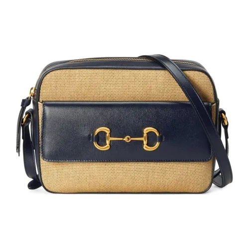 GUCCI Horsebit 1955 Холст и Кожа Сумка через плечо Маленькая Женская Синяя Бежевая
