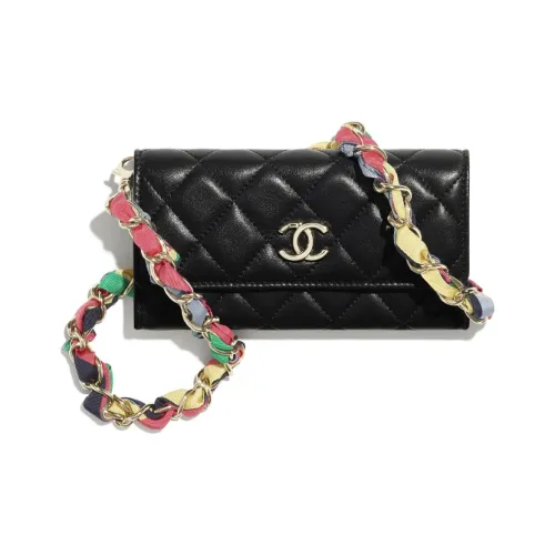 CHANEL Блестящий овечья кожа лента металл сумка через плечо обычный женский черный