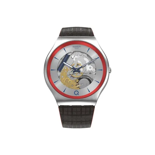 Swatch Quartz Механизм Унисекс Часы 42 мм Серебристый Циферблат Корпус из Нержавеющей Стали Кожаный Ремешок