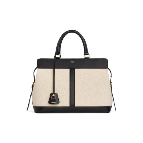 CELINE Cabas Текстиль Ткань с Телячьей Кожей Одно Плечо Сумка Средний Женский Естественный Черный