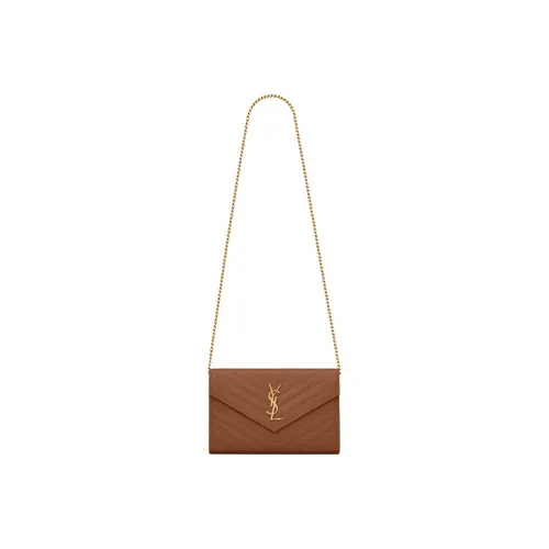 SAINT LAURENT Монограмма Grained Телячья кожа Кошелек Сумка через плечо Женская Темный Естественный цвет Коричневый