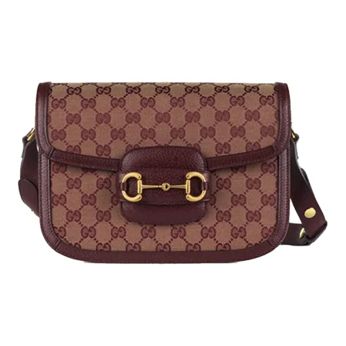 GUCCI Horsebit 1955 Холст и Кожа Седло Сумка Сумка через плечо Маленькая Женская Бордовая