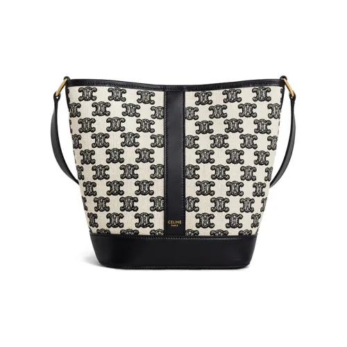 CELINE Triomphe Вышивка Ткань Сумка-ведро Сумка через плечо Стандартная Женская Черная Белая