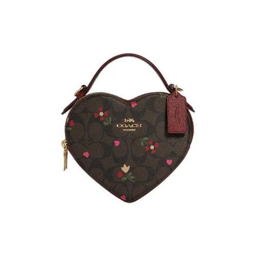 COACH Сердце Монограмма Холст с кожей Ручная сумка Сумка через плечо Мини Женские Коричневый Бургунди Многоцветный