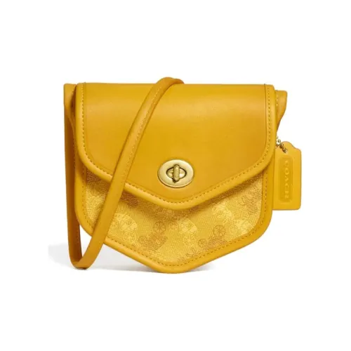 COACH Turnlock Покрытый холст с телячьей кожей Сумка через плечо Маленькая Женская Ярко-желтая