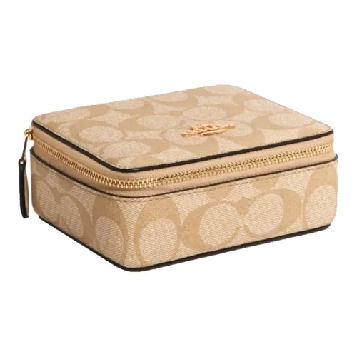 COACH Ювелирные украшения Bo Холст с покрытием и гладкая кожа Шкатулка для украшений Хранение Коробка Большая Женская Светлый хаки Монограмма