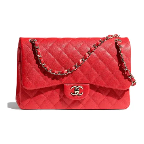 CHANEL Classic Flap CF Крупнозернистая текстура Телячья кожа Сумка через плечо Сумка на плечо Большая Женская Красная