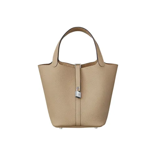 HERMES Picotin Lock Кожаная Корзина Сумка Ведрообразная Сумка Женская Тренч-Серый