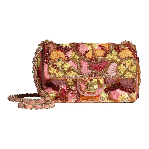 CHANEL Блестки Цветочный Твид Стекло Жемчужный Сумка через плечо Сумка на плечо Мини Женская Розовая Оранжевая