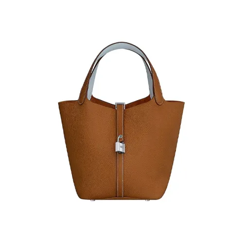 HERMES Picotin Lock Телячья кожа Сумка Женская Золотисто-коричневый Туманно-синий