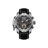 Белый корпус, черный циферблат, красная стрелка, черный ремешок