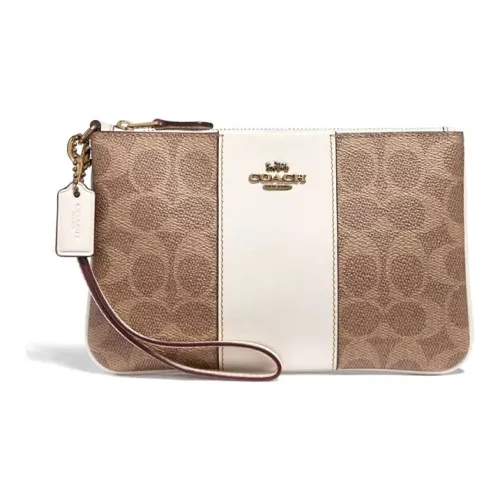 COACH Wristlet Холст с кожей Ручной Запястье Сумка Маленькая Сумочка Маленькая Женская Белая и Коричневая Монограмма