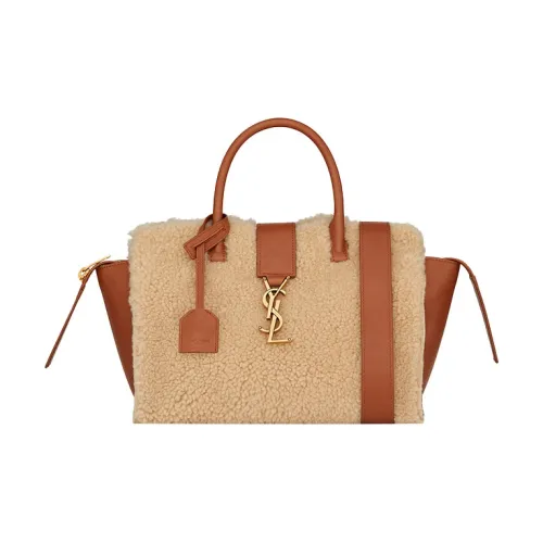 SAINT LAURENT Shearling Smooth Cow Leather Tote Bag Unisex Beige Brick Red SAINT LAURENT Овчина Гладкая Коровья Кожа Сумка-тоут Унисекс Бежевый Кирпично-красный
