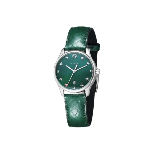 GUCCI Timeless Collection Кварцевые Женские Часы Кожаный Ремешок Зеленый Циферблат Часы YA126585A