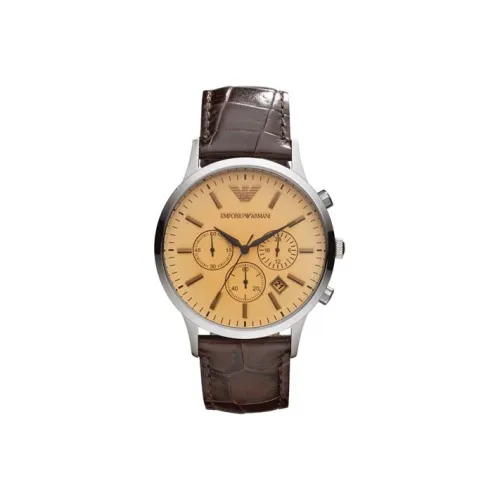 EMPORIO ARMANI Мужские часы Кварцевый механизм Естественная кожа Ремешок Золотистый циферблат