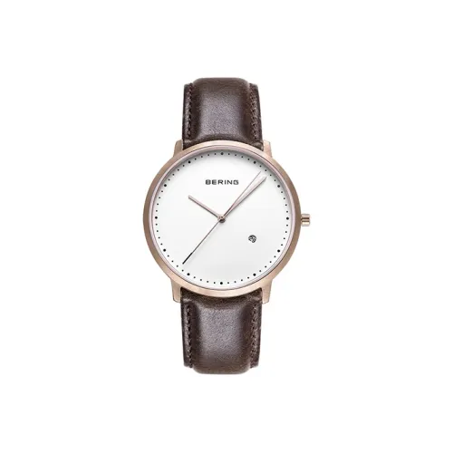 Bering Мужские часы Кварцевый механизм Коровья кожа Ремешок 39 мм Белый циферблат