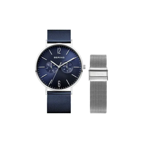 Bering Мужские часы Кварцевый механизм Стальной ремешок 40 мм Синий циферблат