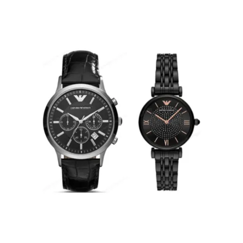 EMPORIO ARMANI Watch Кварцевый механизм Естественная кожа Ремешок 43 мм Черный циферблат Унисекс AR2447+AR11245