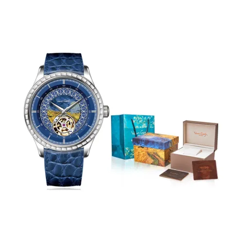 Ван Гог Наручные часы Автоматический Механический Механизм Натуральная Кожа Ремешок Синий Циферблат Мужские часы M SGLB07