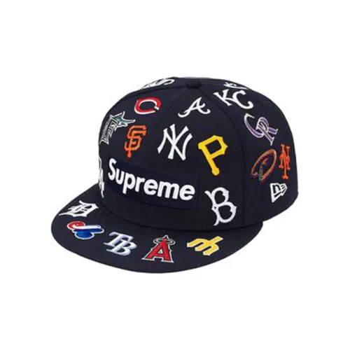 Supreme x MLB x New Era Коллаборация Полная Шерсть Кепки Унисекс Черный Темно-синий Синий Вышивка Оранжевая Вышивка