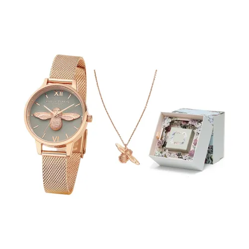 OLIVIA·BURTON Наручные часы Кварцевый механизм Кожаный ремешок Серый циферблат Женские часы Женские Ожерелье с пчелкой Комплект