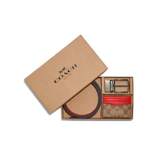 COACH Boxed Покрытый холст с утонченной телячьей кожей мужская визитница оранжево-хаки красный