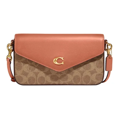 COACH Wyn Холст Кожаная Конверт Сумка через плечо Маленькая Женская Коричневая и Оранжево-Розовая