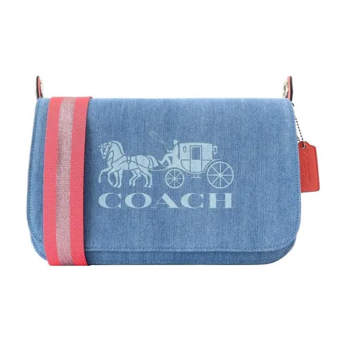 COACH Jes Denim с утонченной зернистой текстурой кожа сумка через плечо большая женская синий розовый