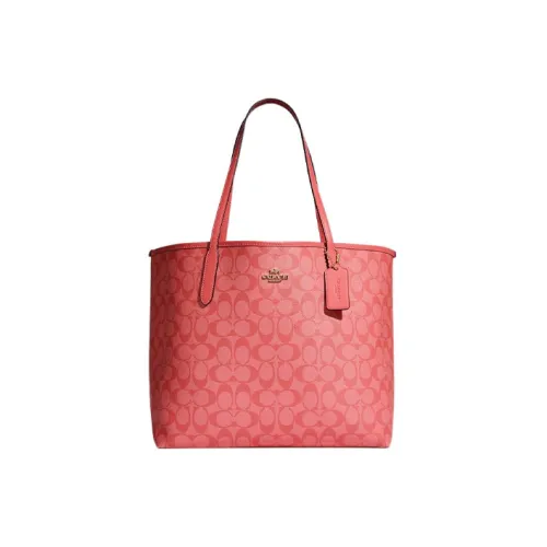 COACH Городская Сумка Tote с Покрытым Холстом и Кожей Сумка для покупок Сумка через плечо Большая Женская Розовая