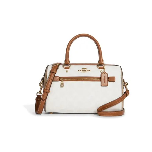 COACH Rowan Холст и Кожа Бостон Сумка Сумка через плечо Сумка Большая Женская Белая Коричневая