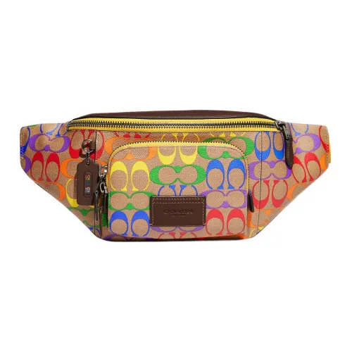 COACH Track Покрытый холст с телячьей кожей Sling Сумка Сумка через плечо Бананка Обычный Женский Коричневый и Радужный