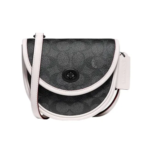 COACH Turnlock Покрытый холст с телячьей кожей Сумка через плечо Маленькая Унисекс Черный Белый