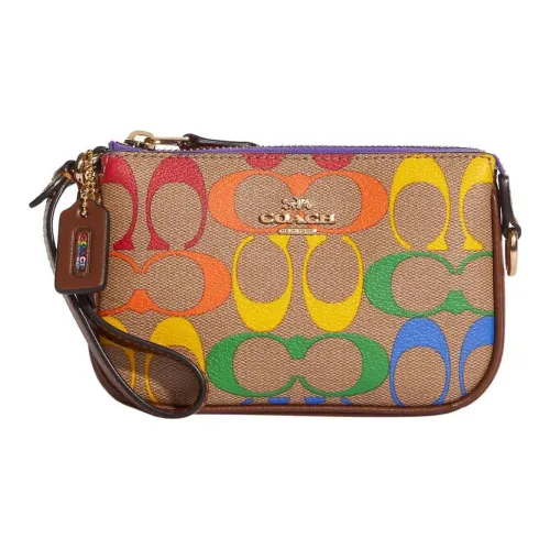 COACH Pebble Кожа Маленькая Сумка Плечевая Сумка Клатч Сумка на Запястье Мини Женский Коричневый и Радужный