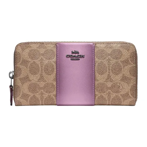 COACH Accordion Zip Покрытый холст с кожаными вставками Кошелек Женские Фиолетовый и Коричневый с монограммой