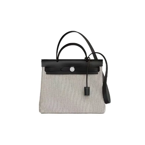 HERMES Herbag Zip Воловья кожа Пэчворк Холст Сумка через плечо Унисекс Бежевый Черный Белый