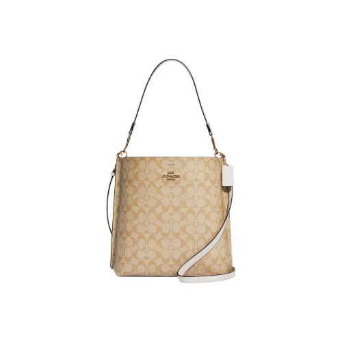 COACH Mollie Холст и Кожаная Сумка-ведро Портативная Сумка через плечо Сумка на плечо Большая Женская Светло-коричневая
