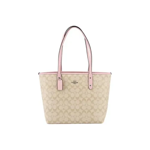 COACH City Zip Tote Холст с кожей и PVC Тоут Сумка Сумка для покупок Сумка Сумка через плечо Женская Светлый хаки Розовый